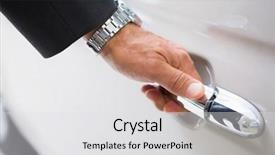  Presentation with car door - PPT layouts enhanced with man holding a car door handles at new car showroom background and a light gray colored foreground