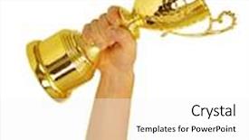  Presentation with award winner champion golden trophy - PPT layouts consisting of man holding a champion golden trophy on white background background and a white colored foreground