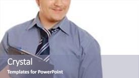  Presentation with man holding phone - PPT theme enhanced with man holding a clipboard background and a seafoam green colored foreground