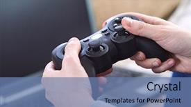  Presentation with video game 3d play games - PPT theme featuring man holding a joystick controllers background and a teal colored foreground