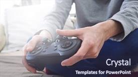  Presentation with video games playing - Cool new PPT layouts with man holding a joystick controllers backdrop and a wine colored foreground