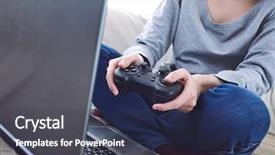  Presentation with video game 3d play games - Presentation theme featuring man holding a joystick controllers background and a  colored foreground