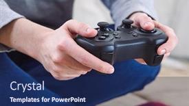  Presentation with video games playing - PPT theme enhanced with man-holding-a-joystick-controllers background and a navy blue colored foreground