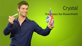  Presentation with british - Slide deck featuring man holding a miniature airplane and british flag on green background background and a gold colored foreground