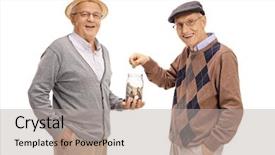  Presentation with elderly - Audience pleasing theme consisting of man holding a money jar backdrop and a light gray colored foreground