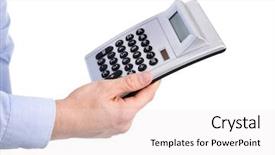  Presentation with 3d man business leader - Slides with man holding a pocket calculator background and a sky blue colored foreground