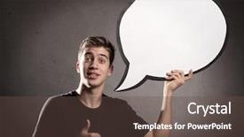  Presentation with happy young student girl holding - Presentation design enhanced with man holding a speech bubble background and a tawny brown colored foreground