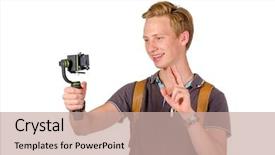  Presentation with lights camera action - Colorful slide set enhanced with man holding action camera installed backdrop and a coral colored foreground