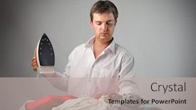  Presentation with iron - Cool new PPT theme with man-holding-an-electric-iron backdrop and a mint green colored foreground