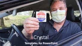  Presentation with voting - Cool new slide set with man-holding-an-i-voted backdrop and a navy blue colored foreground