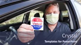  Presentation with face mask - Colorful slide deck enhanced with man-holding-an-i-voted backdrop and a ocean colored foreground