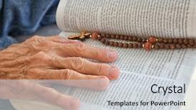  Presentation with old bible - Cool new slides with man holding and reading bible backdrop and a light gray colored foreground
