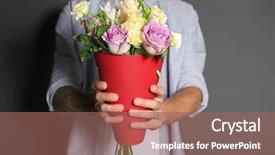  Presentation with bag iv fluid closeup saline - Colorful PPT theme enhanced with man holding beautiful bouquet closeup backdrop and a violet colored foreground