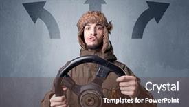  Presentation with black man - Presentation theme featuring auto road show - young man holding black steering background and a  colored foreground