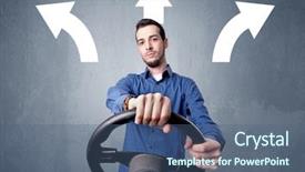  Presentation with black man - PPT theme enhanced with steering wheel with three arrows background and a ocean colored foreground