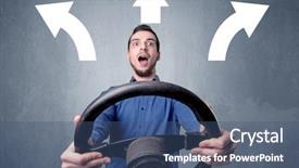  Presentation with wheel - Presentation theme with man holding black steering wheel background and a ocean colored foreground