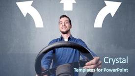  Presentation with black man - PPT layouts having auto road show - young man holding black steering background and a  colored foreground