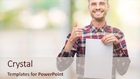  Presentation with young - Presentation having man holding blank paper sheet background and a  colored foreground