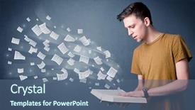  Presentation with pages of magic book - PPT theme with man holding book with page background and a ocean colored foreground