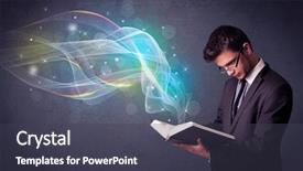  Presentation with young man on the phone - PPT layouts with man holding book with rainbow background and a dark gray colored foreground