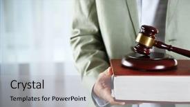  Presentation with gavel - Cool new presentation theme with man holding book with wooden backdrop and a light gray colored foreground