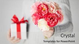  Presentation with tropical flowers close up - PPT theme enhanced with man holding bouquet of flowers background and a light gray colored foreground