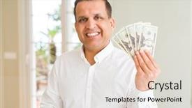  Presentation with happy sad face man - Audience pleasing slide deck consisting of man holding bunch of dollar backdrop and a light gray colored foreground