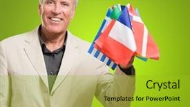  Presentation with bunch of green peas - Audience pleasing theme consisting of man holding bunch of flags backdrop and a  colored foreground