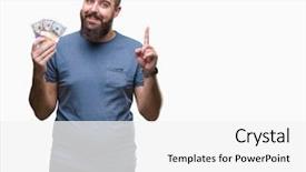  Presentation with happy sad face man - Cool new slide deck with man holding bunch of money backdrop and a white colored foreground