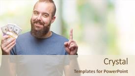  Presentation with happy sad face man - Presentation design featuring man holding bunch of money background and a cream colored foreground
