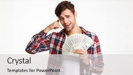  Presentation with gold man smile - Theme featuring man holding bunch of money background and a light gray colored foreground