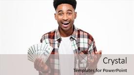  Presentation with man looking up happy - Beautiful slide deck featuring man holding bunch of money backdrop and a light gray colored foreground