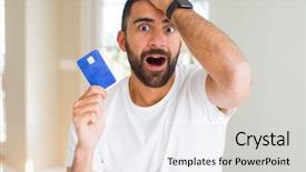  Presentation with credit card - Cool new theme with man holding credit card stress backdrop and a  colored foreground
