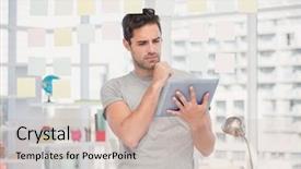  Presentation with sticky notes - PPT layouts having man holding digital tablet and sticky notes in the office background and a soft green colored foreground