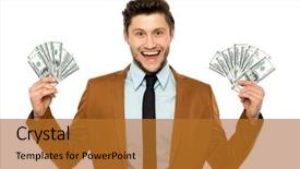  Presentation with floating dollar bills - Colorful PPT theme enhanced with man holding dollar bills backdrop and a  colored foreground