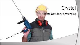  Presentation with drill - Beautiful presentation theme featuring man holding drill and plans backdrop and a white colored foreground