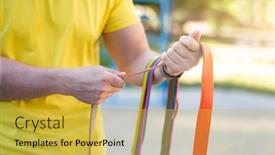  Presentation with rubber - Presentation consisting of man-holding-elastic-rubber-bands background and a yellow colored foreground