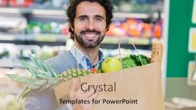  Presentation with grocery bag - Cool new PPT layouts with man holding food bag in a grocery store backdrop and a soft green colored foreground