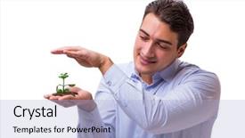  Presentation with seedling - Theme with man holding green seedling isolated on white background and a light blue colored foreground
