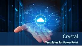  Presentation with cloud technology - Colorful PPT layouts enhanced with man holding hologram projection displaying cloud technology symbols backdrop and a ocean colored foreground