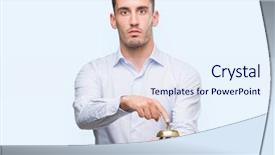  Presentation with special education young adult man - Audience pleasing theme consisting of man holding hotel ring bell backdrop and a sky blue colored foreground