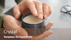  Presentation with clay - Beautiful PPT theme featuring man holding jar with clay for hair closeup backdrop and a tawny brown colored foreground