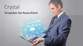  Presentation with cloud based - Presentation with man holding laptop projecting cloud based system symbols and informations background and a light gray colored foreground