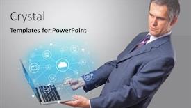  Presentation with cloud based - Cool new PPT theme with man holding laptop projecting cloud based system symbols and informations backdrop and a light gray colored foreground