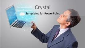  Presentation with cloud based - Slide set consisting of man-holding-laptop-projecting-cloud background and a light gray colored foreground