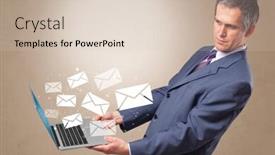  Presentation with business communication - Beautiful presentation design featuring man holding laptop with business communication concept backdrop and a lemonade colored foreground