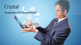  Presentation with man power service - Theme having man holding laptop with online background and a light blue colored foreground