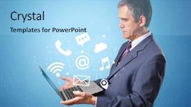  Presentation with laptop - Colorful presentation theme enhanced with man holding laptop with online backdrop and a light blue colored foreground