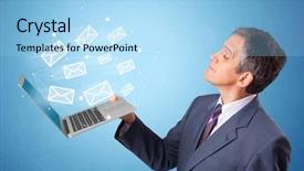  Presentation with man power service - Presentation design consisting of man holding laptop with online background and a light blue colored foreground