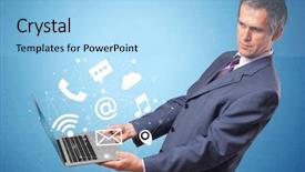  Presentation with man power service - PPT theme consisting of man holding laptop with online background and a light blue colored foreground